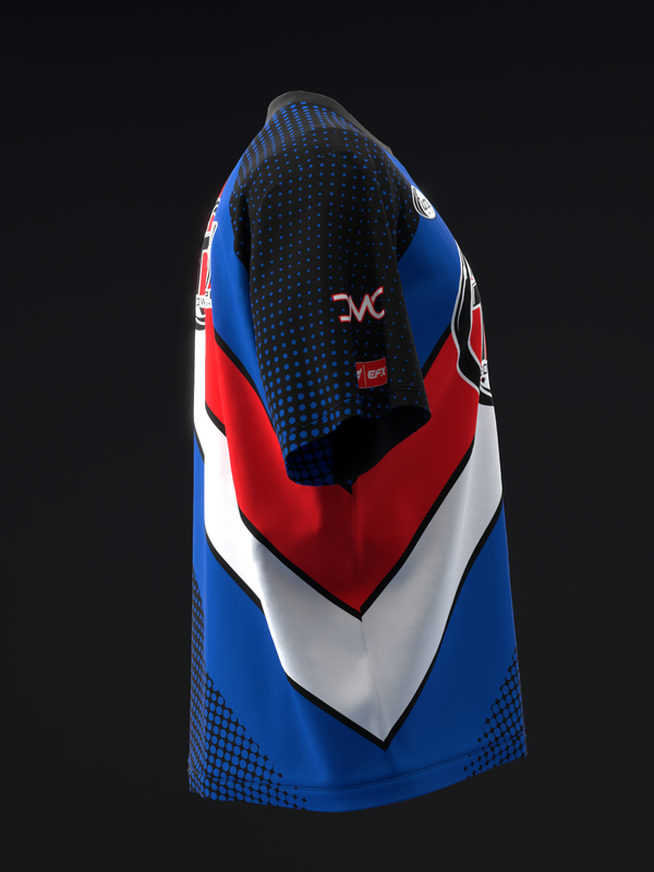 Bowling jersey back view with blue, red, and white striped design and dotted mesh pattern