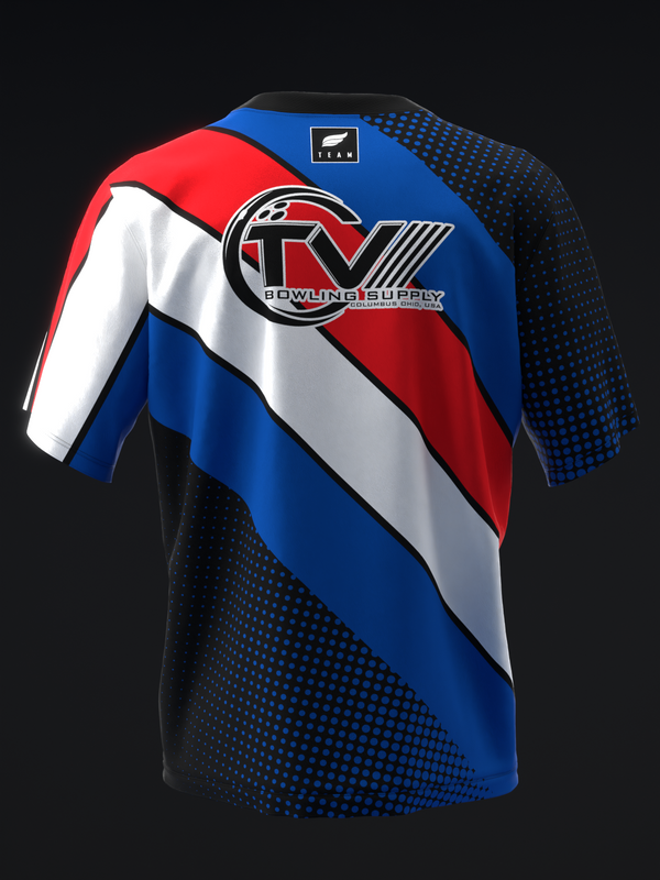 Bowling jersey with red, white, and blue diagonal stripes and logo, front view