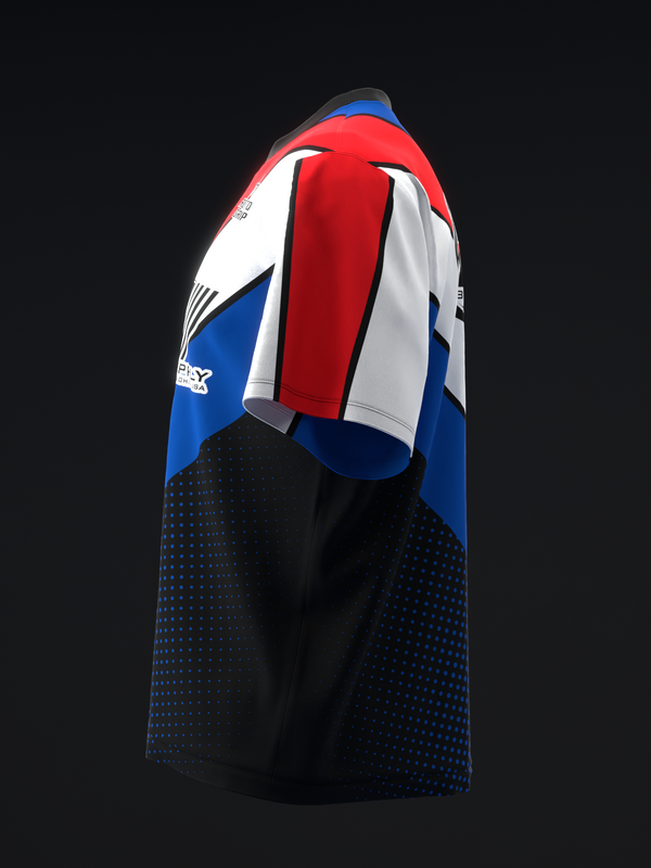 Bowling jersey with red, white, blue stripes and dotted black lower section, side view