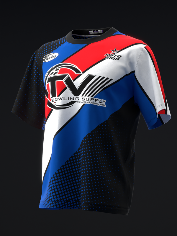 Black bowling jersey with blue, red, and white geometric stripes and logo design, front view
