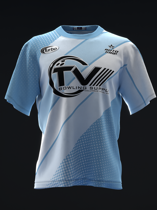 Light blue and white bowling jersey with geometric dot pattern and black logo graphic