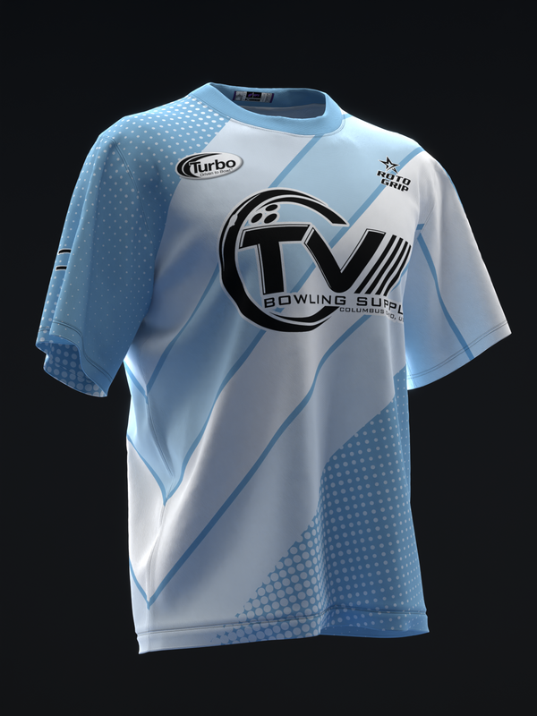 Light blue and white bowling jersey with diagonal stripes and dot pattern