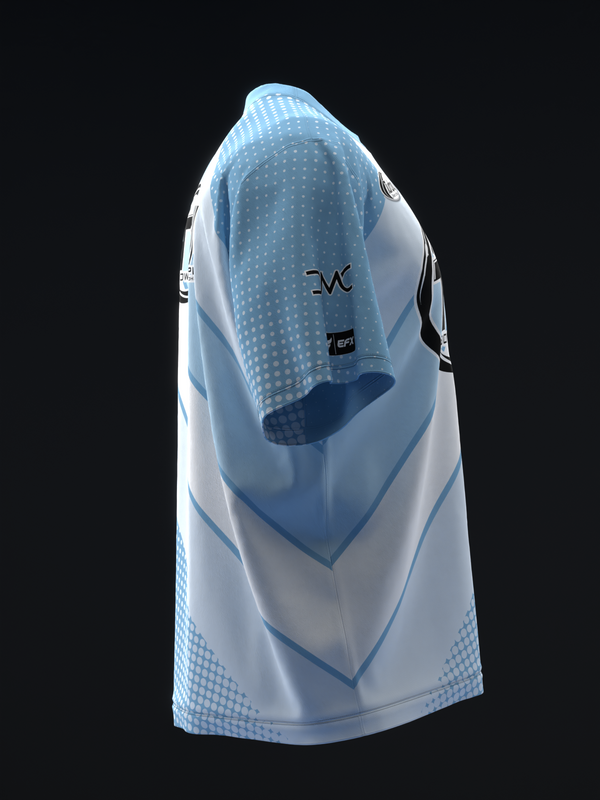 White and light blue bowling jersey with diagonal stripe and dot pattern design