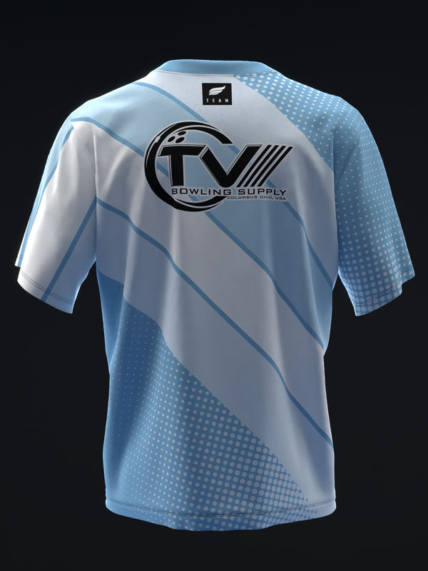 White and blue bowling jersey with diagonal stripes and dot pattern detail