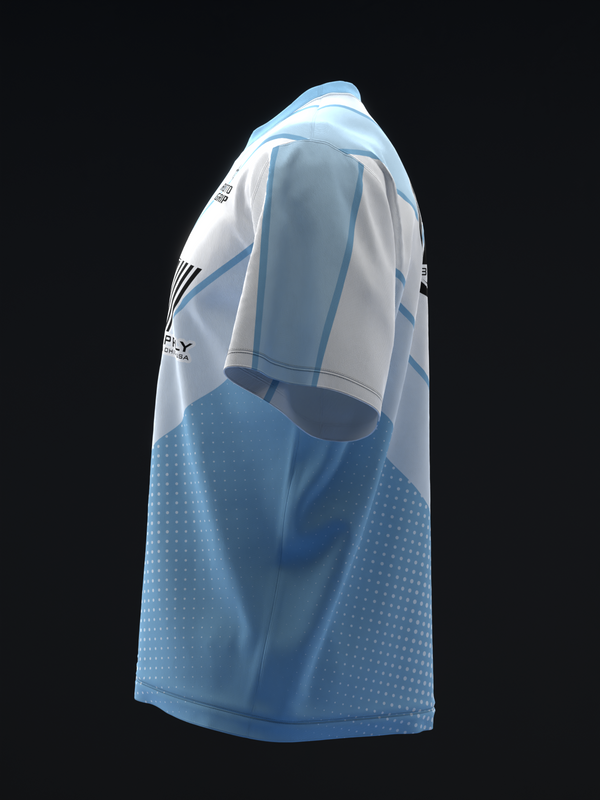 Blue and white bowling jersey with dotted pattern, side view