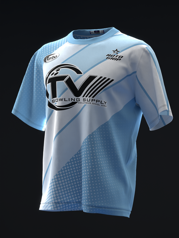 Light blue bowling jersey with black logo and diagonal stripe design on front view