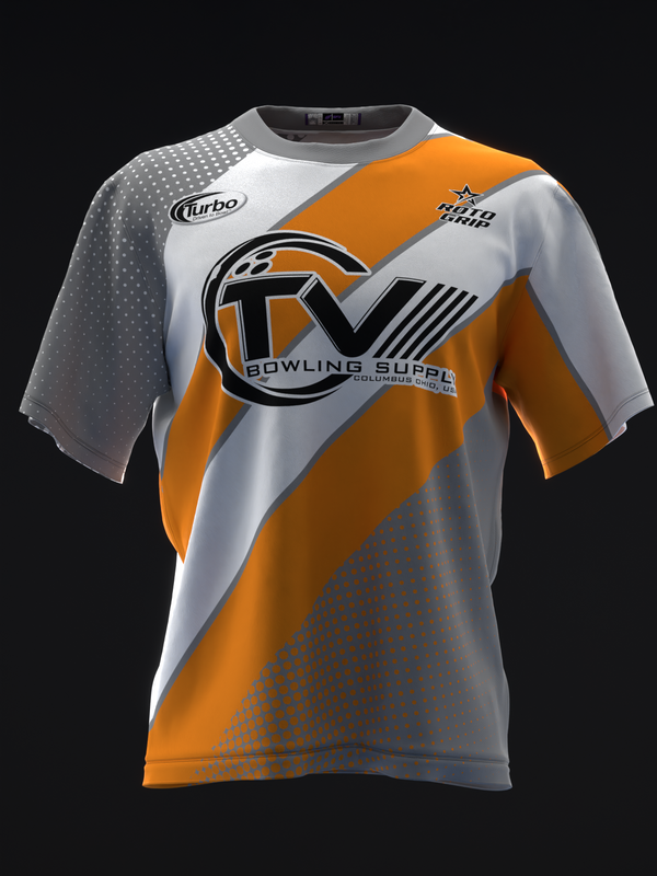 White bowling jersey with orange diagonal stripes and circular TK logo design