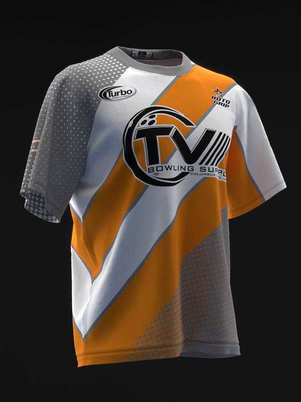 Bowling jersey with orange, white, and gray color-blocking and dotted texture patterns, front view