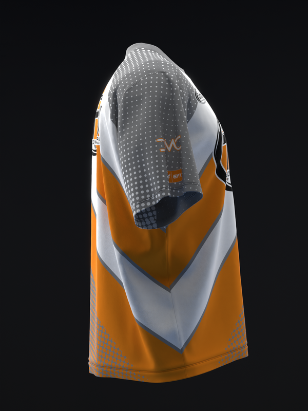 Orange and white bowling jersey with geometric stripe pattern, back view