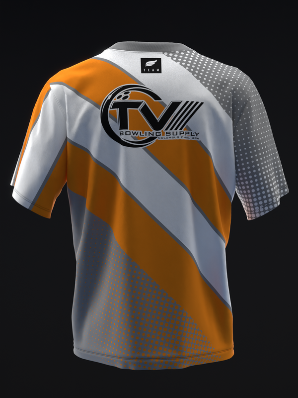 Bowling jersey front view with orange, white, and gray diagonal stripes and circular logo