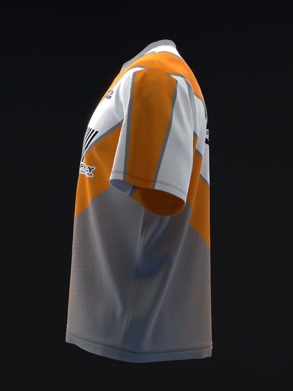 Orange and white bowling jersey with gray lower panel, side view