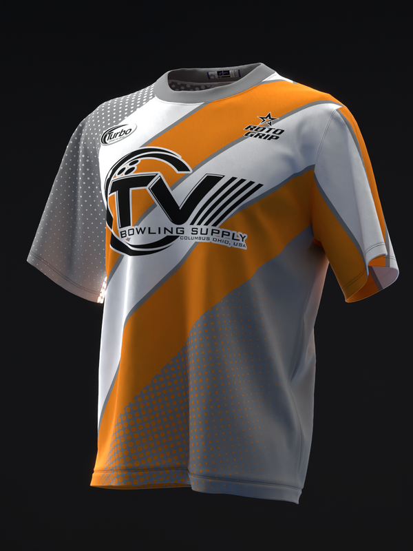 White, orange, and gray bowling jersey with diagonal stripe and logo design