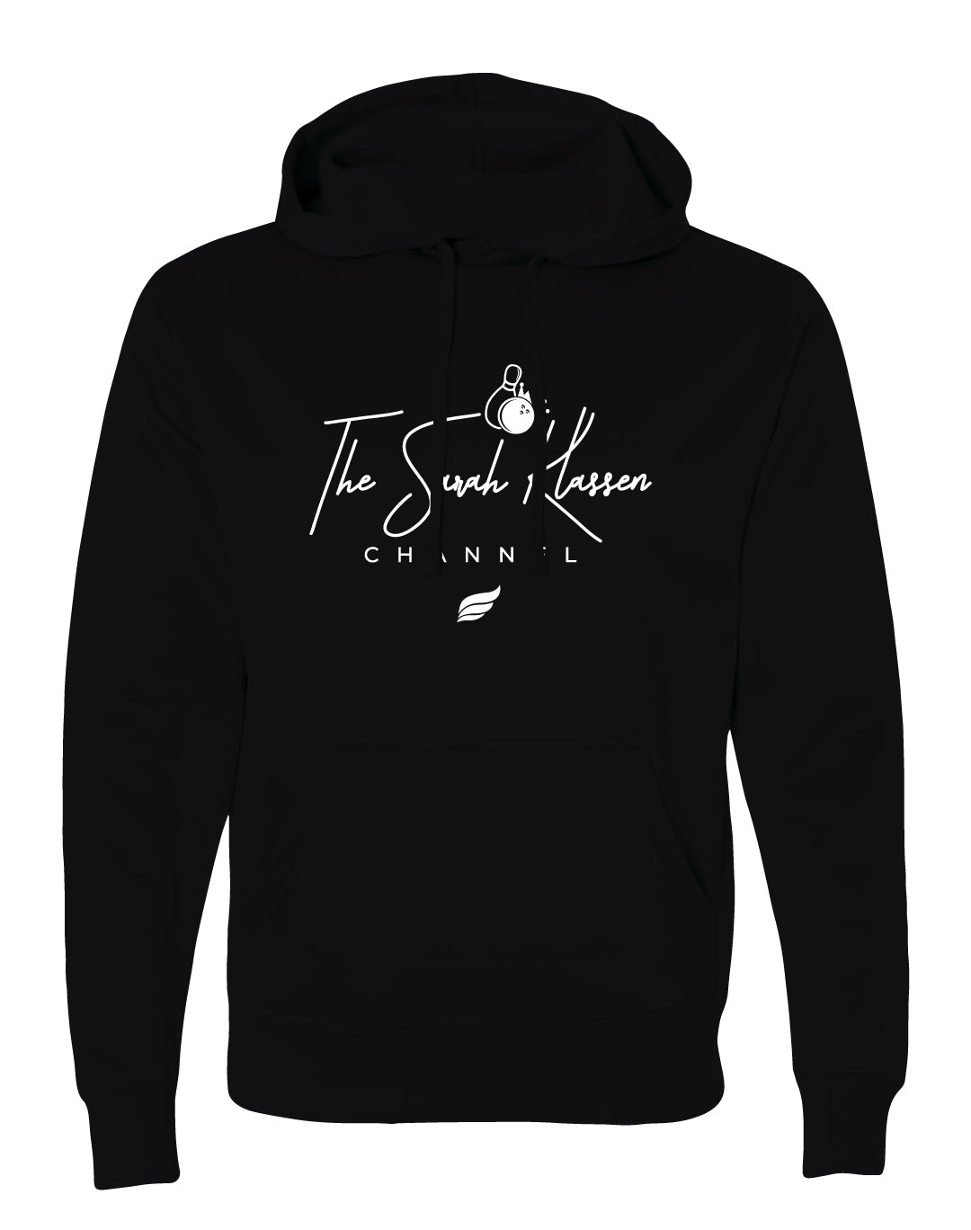 Black pullover hoodie with white bowling pin graphic and text design on back