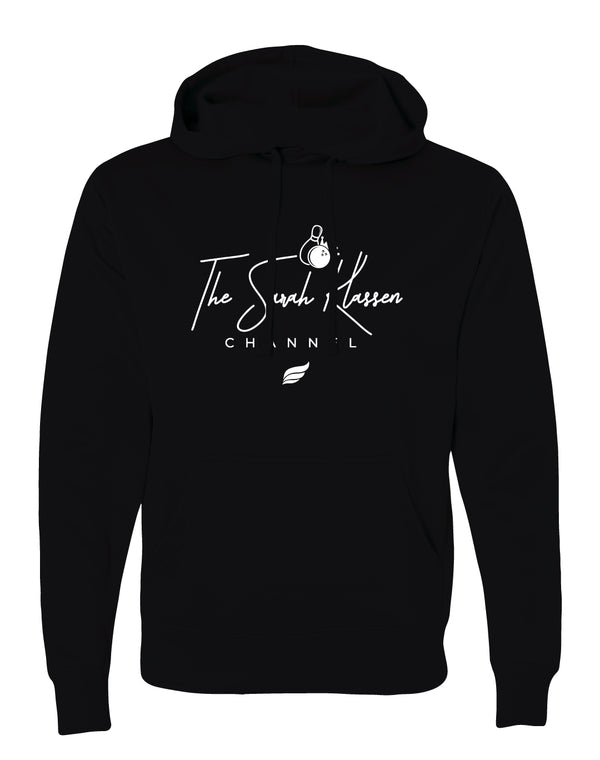 Black pullover hoodie with white bowling pin graphic and text design on back