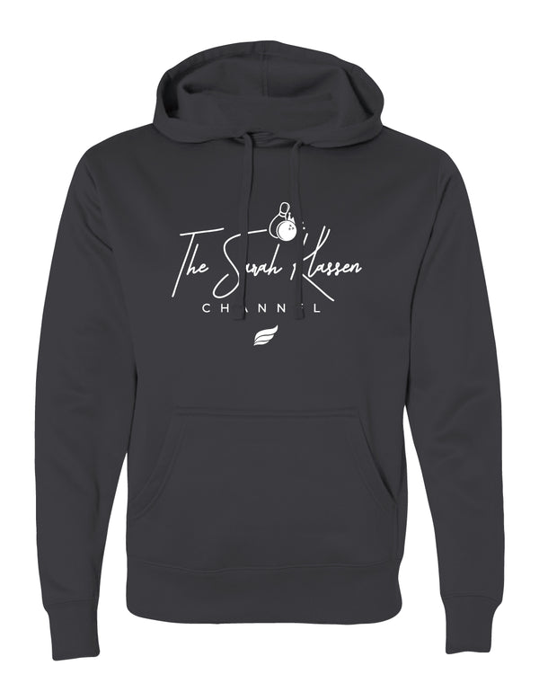 Black pullover hoodie with The Sarah Klassen Channel logo and bowling graphic