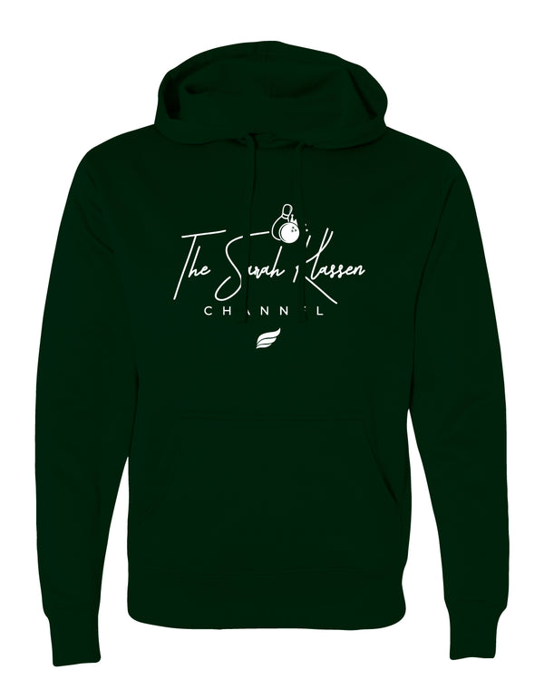 Dark green pullover hoodie with white script logo and bowling ball graphic