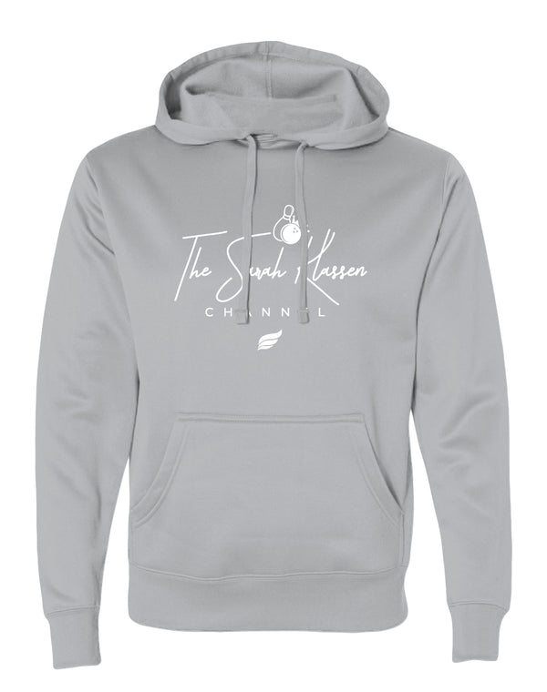 Light gray pullover hoodie with white script text and bowling graphic on front