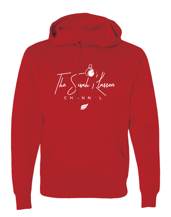 Red pullover hoodie with white script text and bowling pin graphic on chest