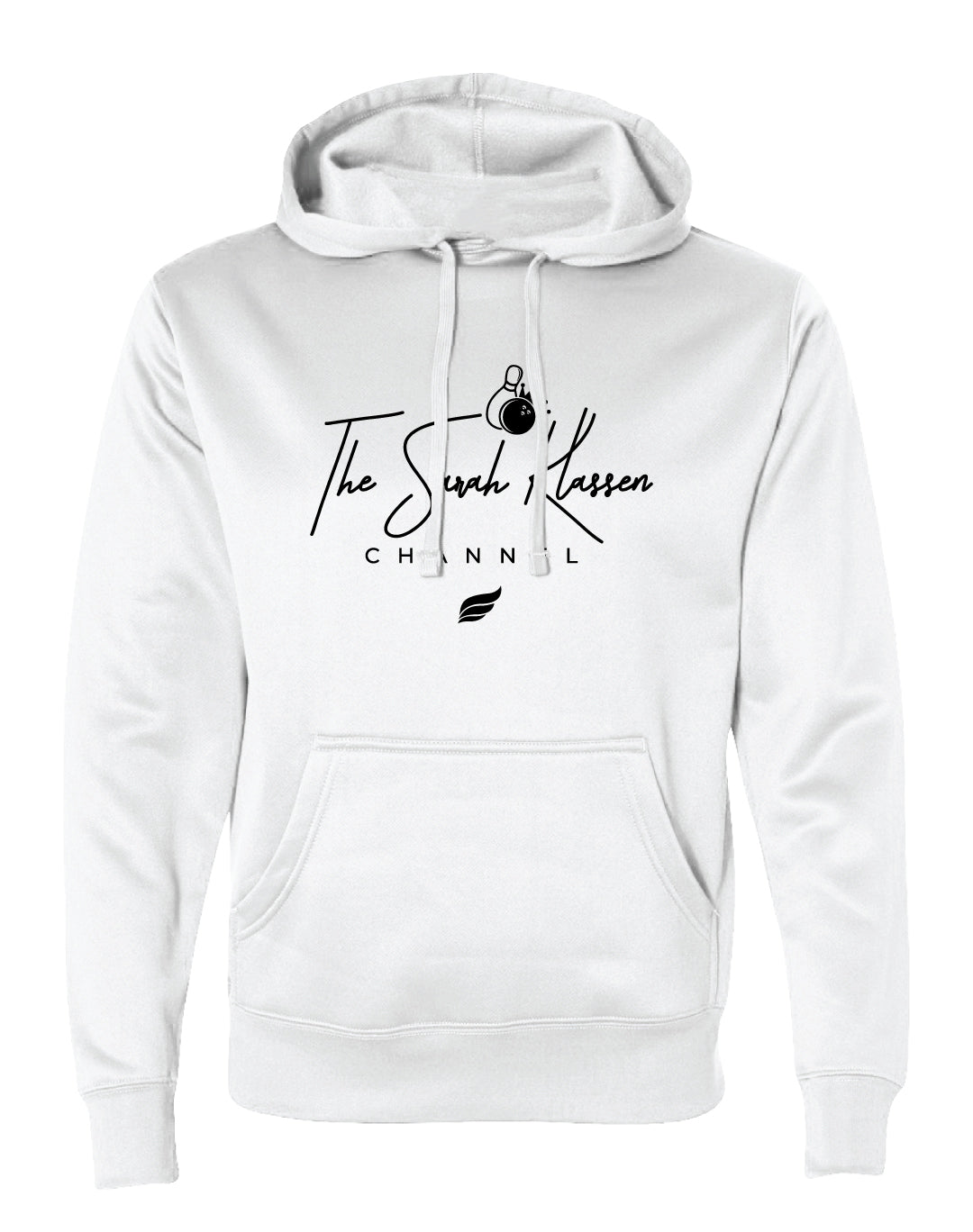 White pullover hoodie with black script text and bowling ball graphic on front