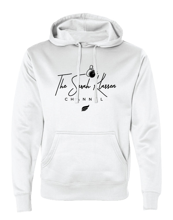 White pullover hoodie with black script text and bowling ball graphic on front