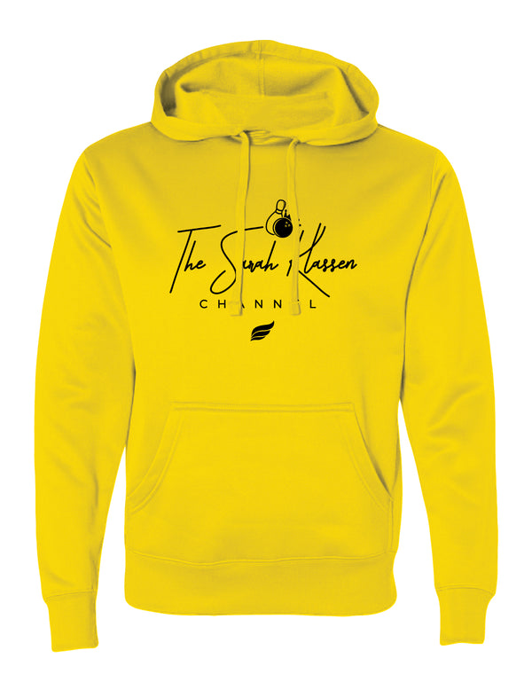 Yellow pullover hoodie with "The Sarah Klassen Channel" text and bowling ball graphic