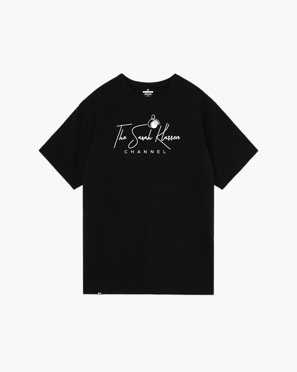 Black t-shirt with white cursive "The Sarah Klassen Channel" logo and bowling pin graphic