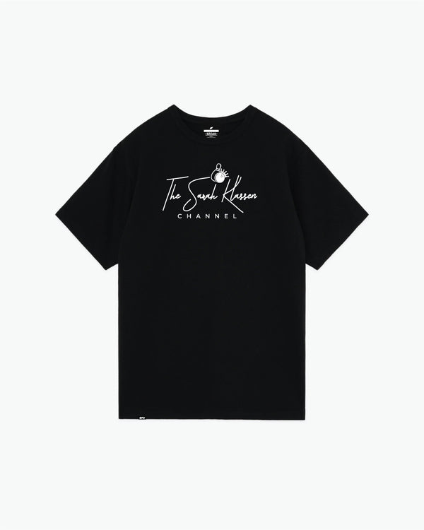 Black t-shirt with white cursive "The Sarah Klassen Channel" logo and bowling pin graphic