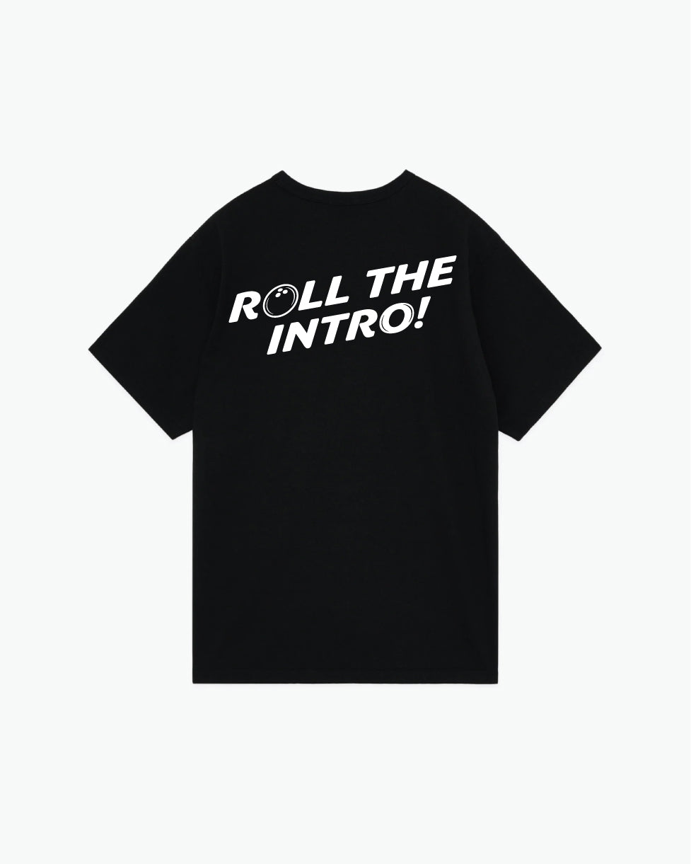 Black short-sleeve tee with white Roll The Intro text and bowling graphic