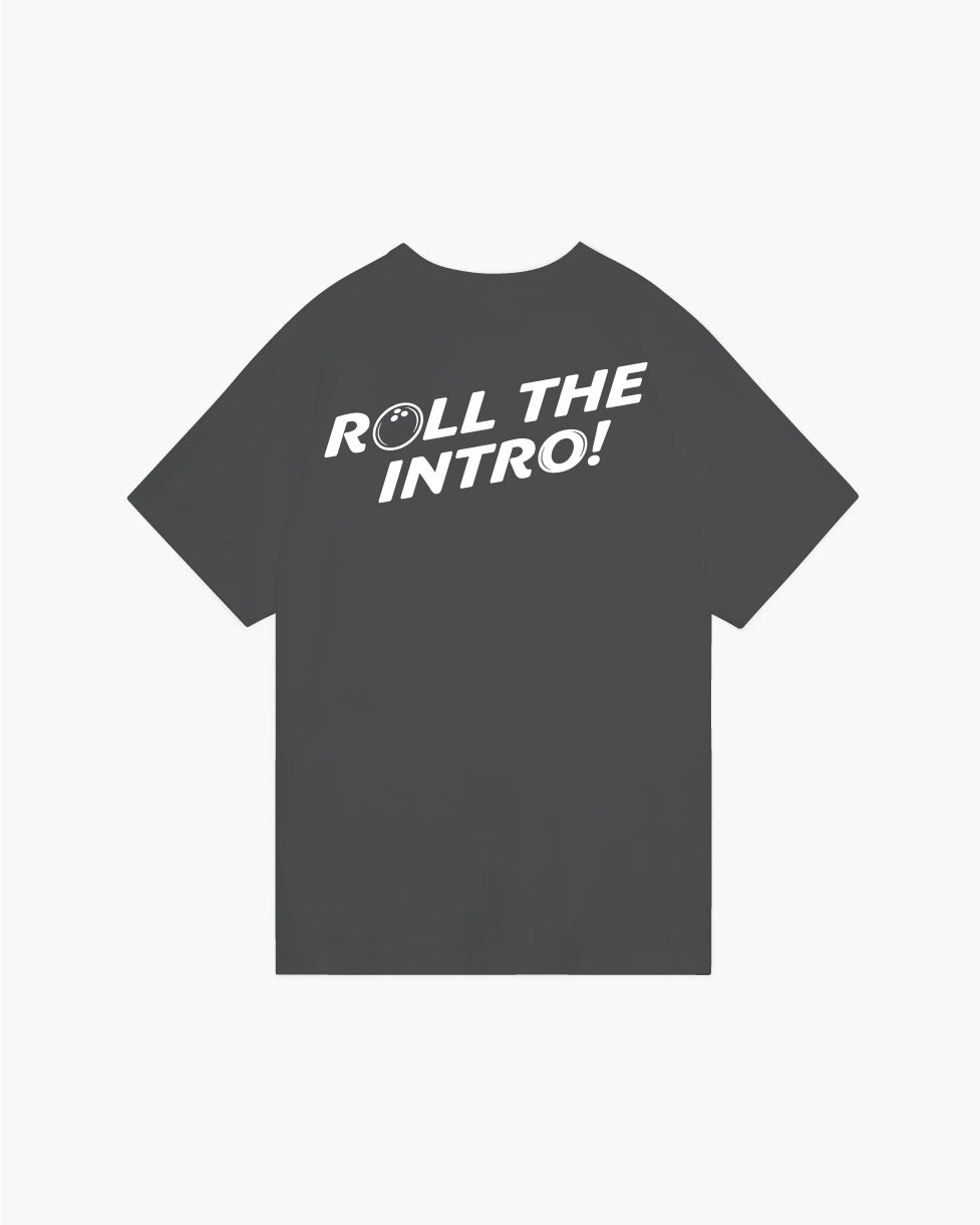 Charcoal gray t-shirt with white script logo and bowling pin graphic on front