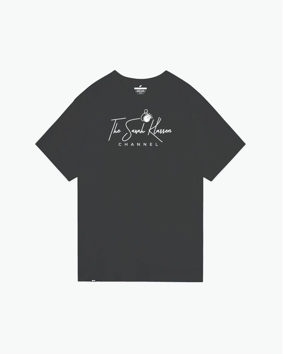 Charcoal gray t-shirt with white script logo and bowling pin graphic on front