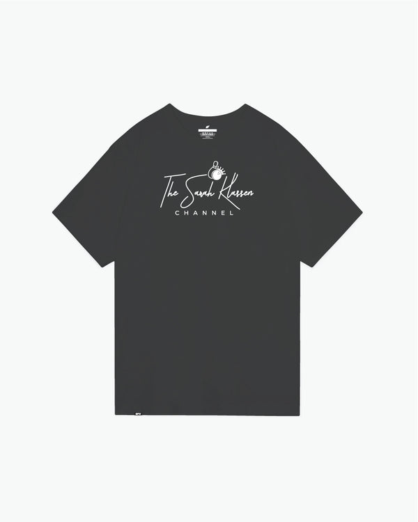 Charcoal gray t-shirt with white script logo and bowling pin graphic on front