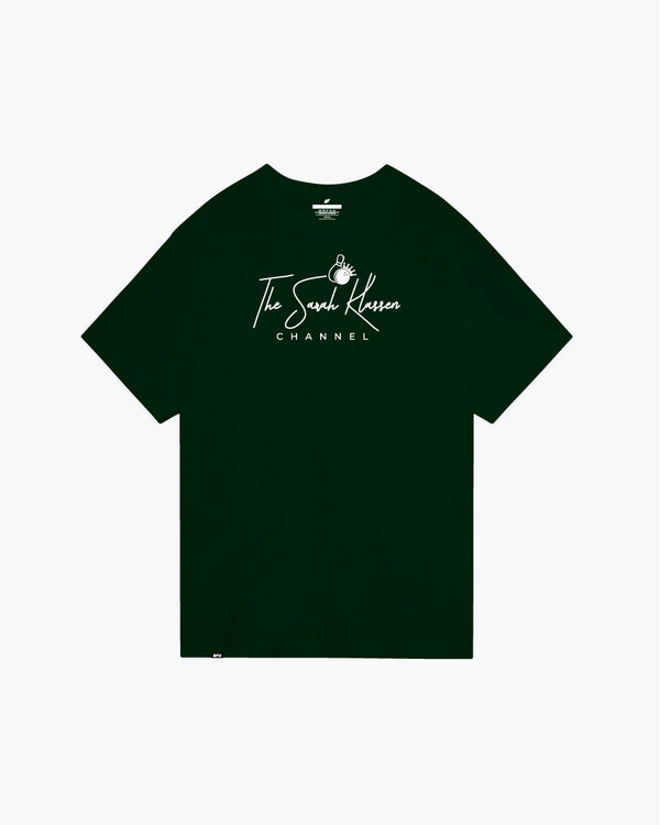 Dark green t-shirt with The Sarah Klassen Channel logo and bowling pin graphic
