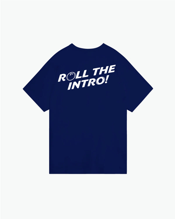 Navy blue t-shirt with white Roll The Intro text and bowling ball graphic