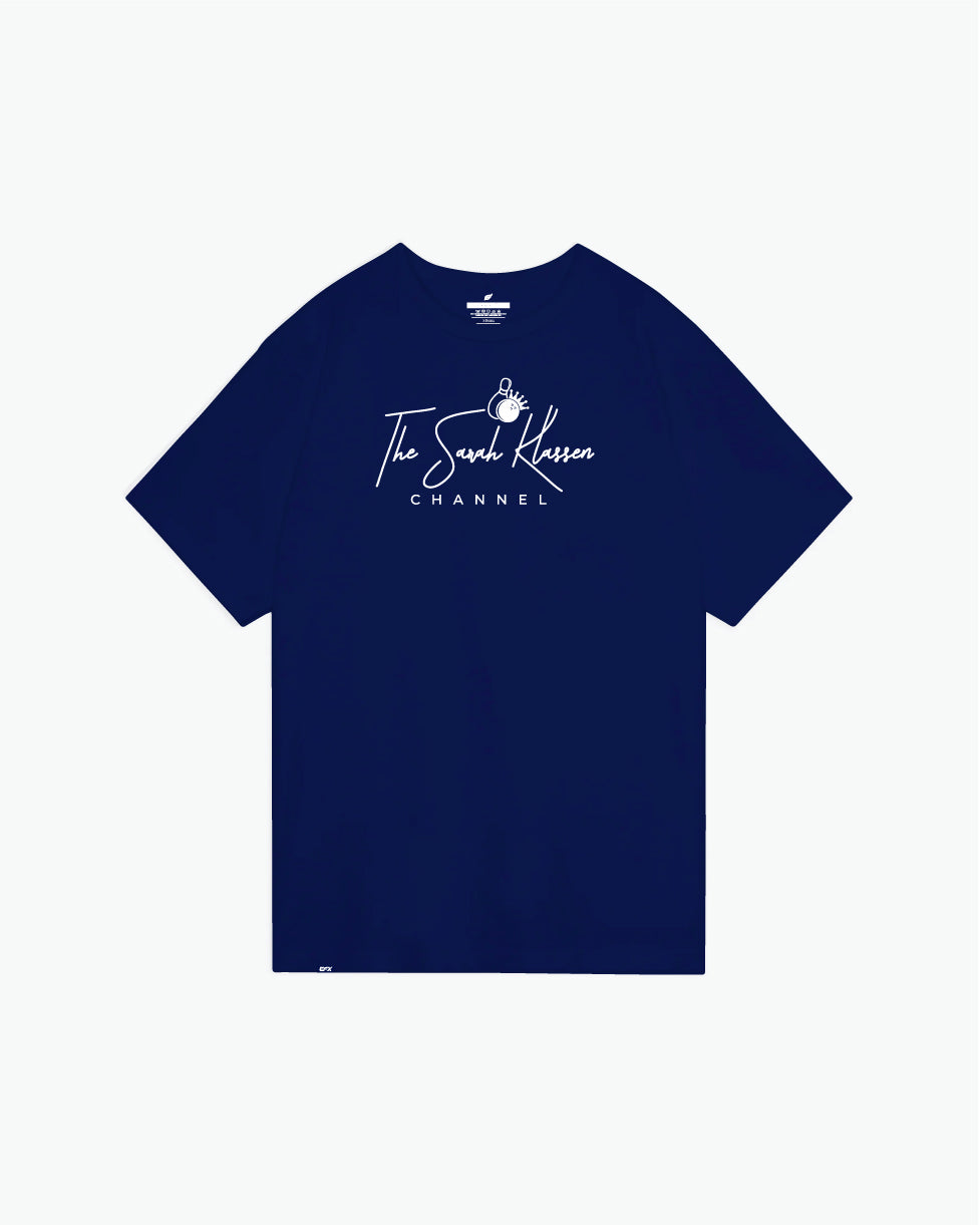 Navy t-shirt with white Sarah Klassen Channel logo and bowling pin graphic, front view