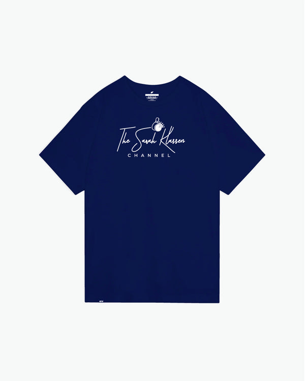 Navy t-shirt with white Sarah Klassen Channel logo and bowling pin graphic, front view