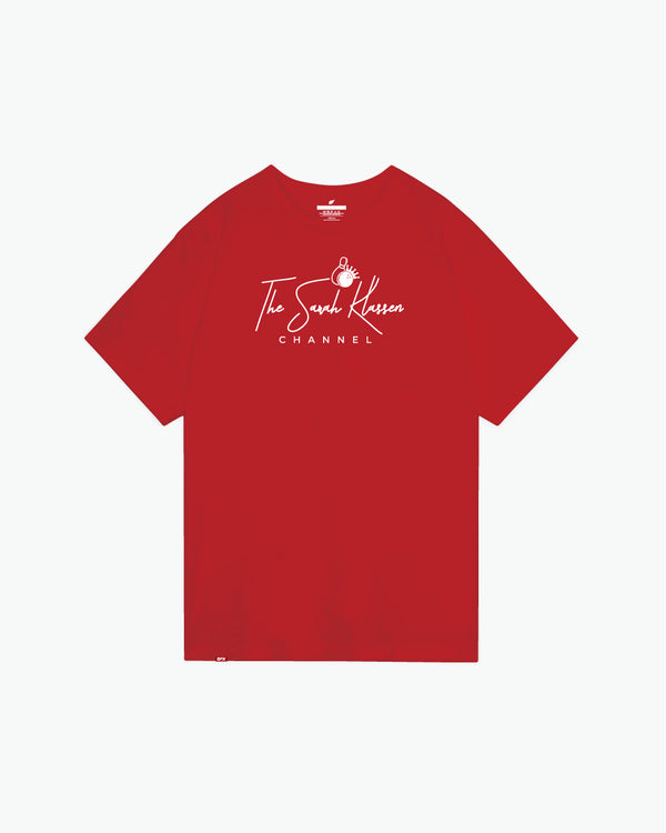 Red t-shirt with white script logo and bowling pin graphic on front