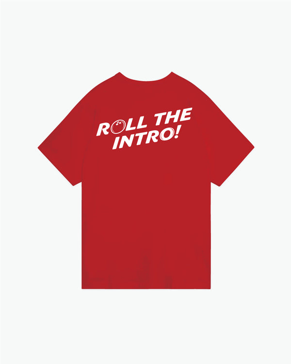 Red t-shirt with white italic text reading Roll The Intro, front view