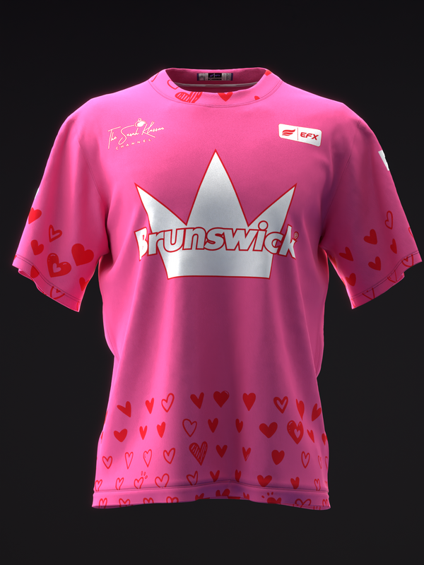 Pink bowling jersey with silver crown logo and scattered heart pattern throughout