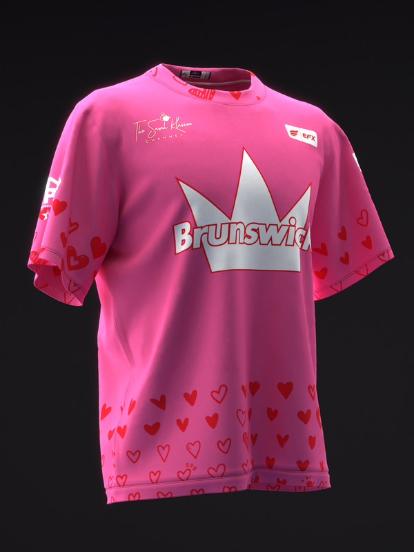 Pink bowling jersey with Brunswick logo and scattered heart pattern design