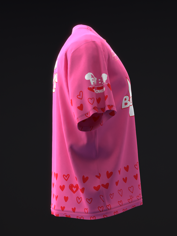 Bright pink bowling jersey with red heart pattern and cartoon graphic design