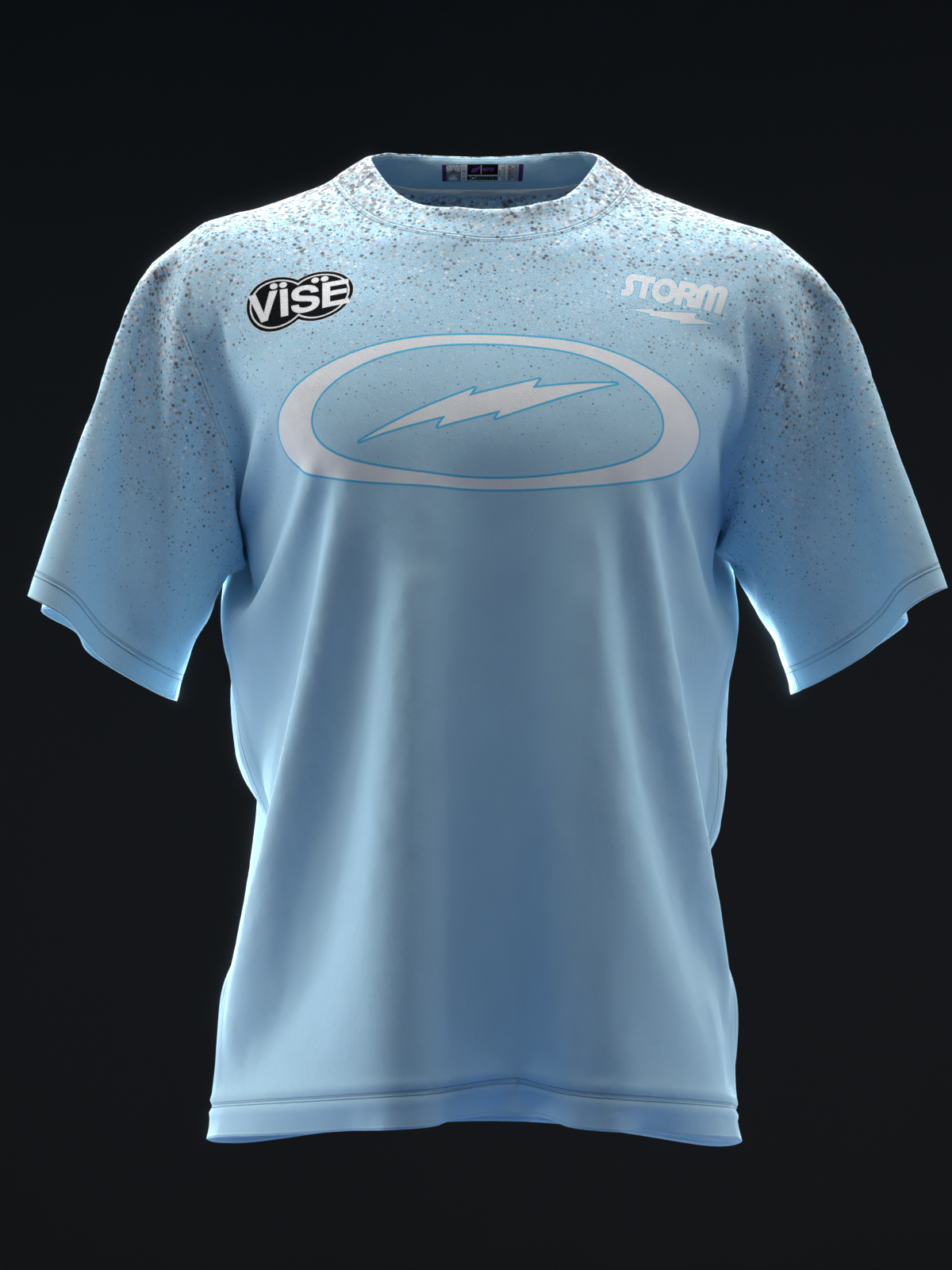 Light blue bowling jersey with speckled texture and oval graphic design front view