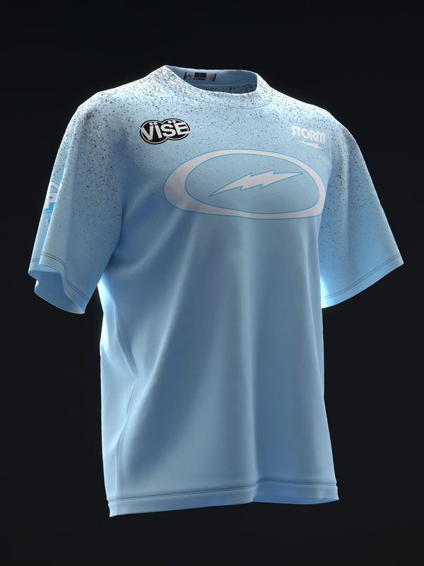 Light blue bowling jersey with speckled texture and oval logo graphic front view