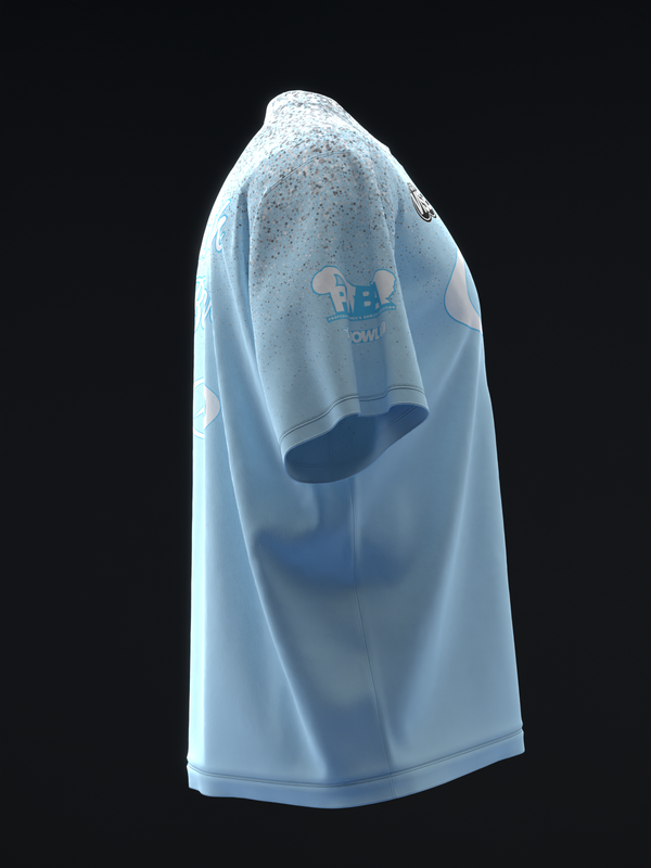 Light blue bowling jersey with sparkle pattern and graphic design, side view