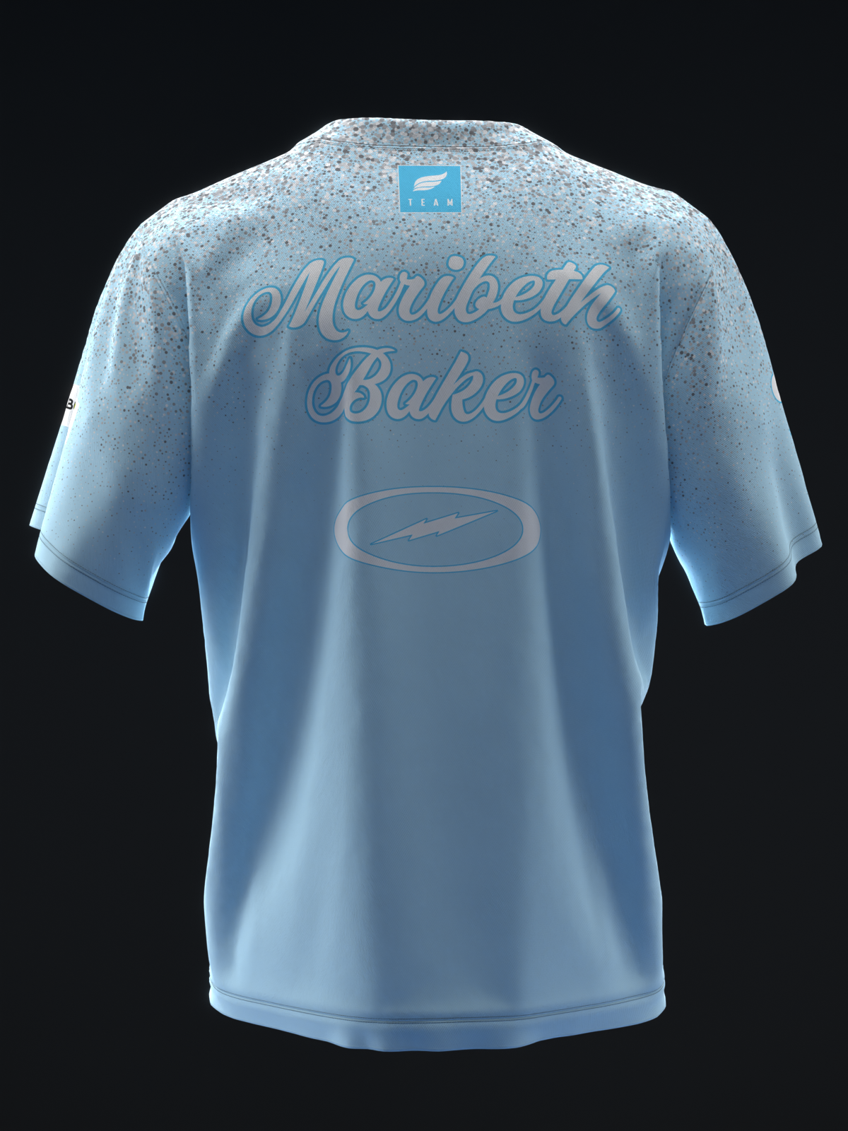 Light blue bowling jersey back with Maribeth Baker name and sparkle texture