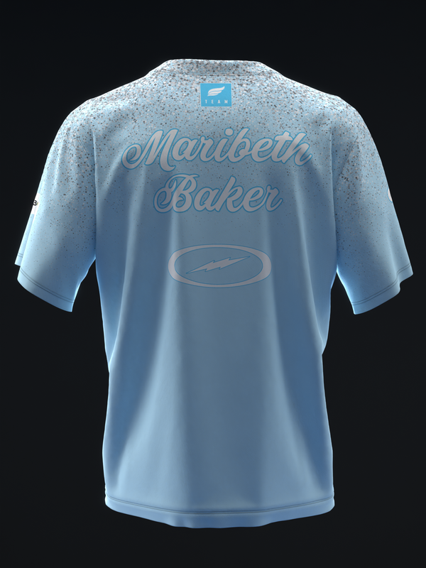 Light blue bowling jersey back with Maribeth Baker name and sparkle texture