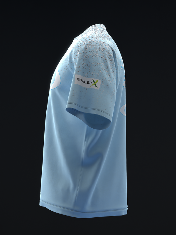 Light blue bowling jersey with Bowler X logo on chest, side view