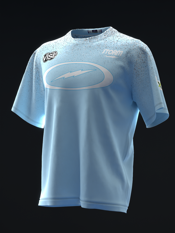 Light blue bowling jersey front view with oval logo and sparkle texture pattern