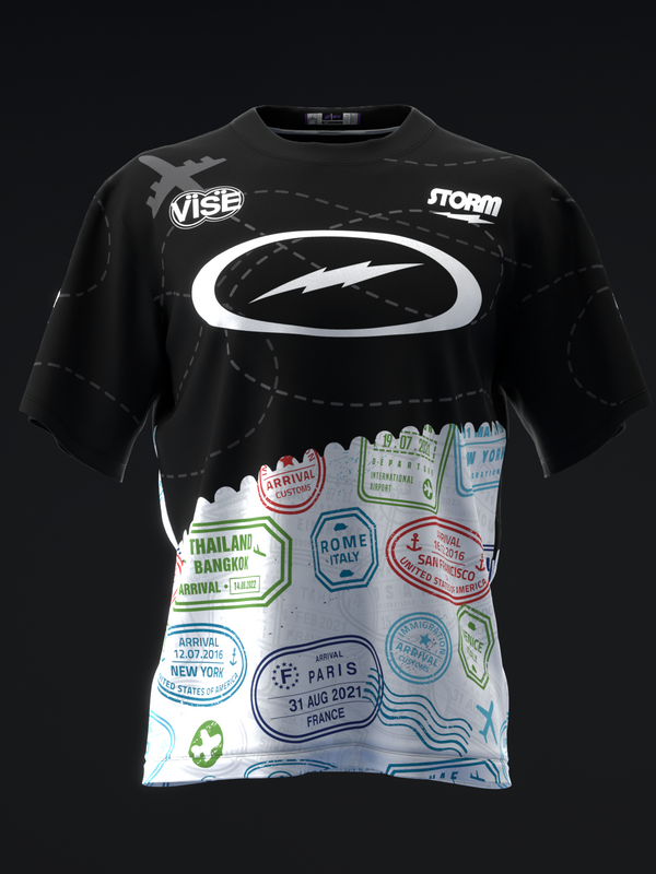 Black bowling jersey with white oval logo and travel stamp graphic panel front view
