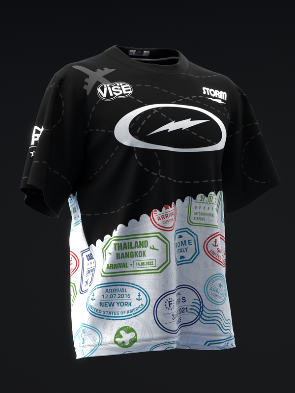 Black bowling jersey with white Storm logo and travel stamp graphic on lower front