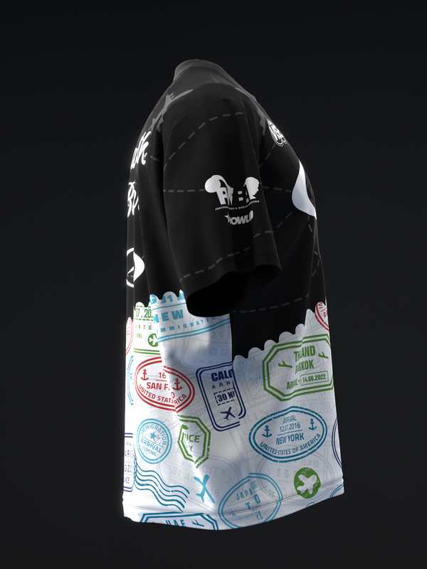 Black bowling jersey with white travel stamp graphics and passport design on front